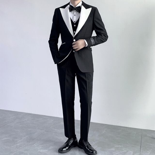 【予約販売】メンズ セットアップ 3点セット スーツ ベスト バイカラー シック スリム 男前 ブラック ブルー 黒 シングル フォーマル ジャケット パンツ セット クラシック レトロ パーティ 二次会 同窓会 結婚式 韓国 トレンド 大きいサイズ M/L/XL/2XL/3XL