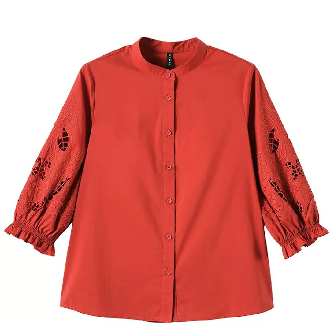 袖刺繍入 バンドカラーシャツ 2301