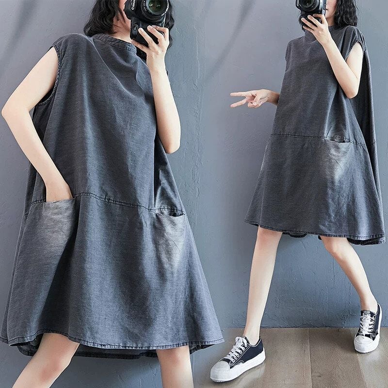 DENIM STAND COLLAR SLEEVELESS A-LINE MIDI PULLOVER DRESS 1color M-16150