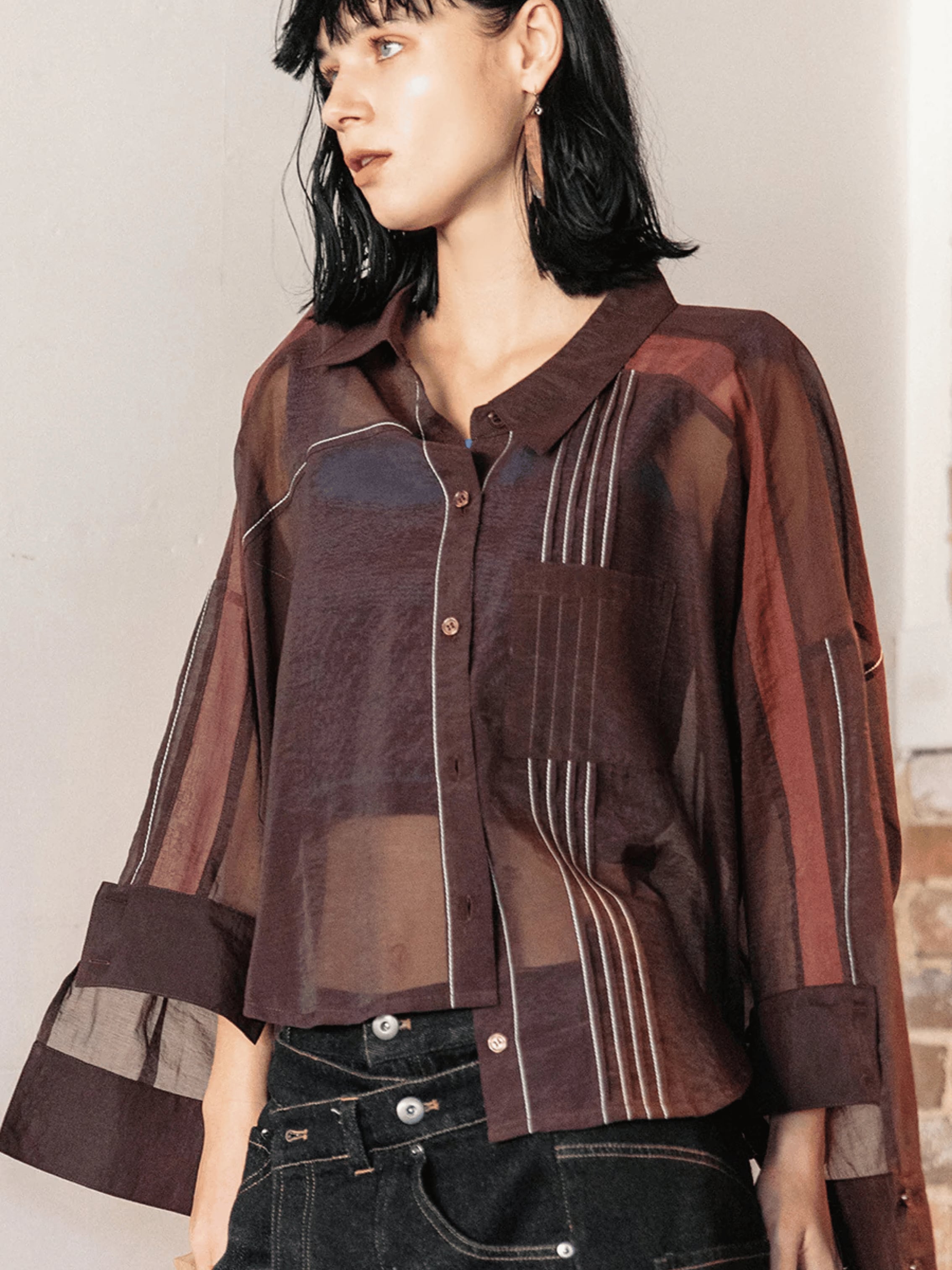 STITCH POINT SHEER SHIRT ブラウン