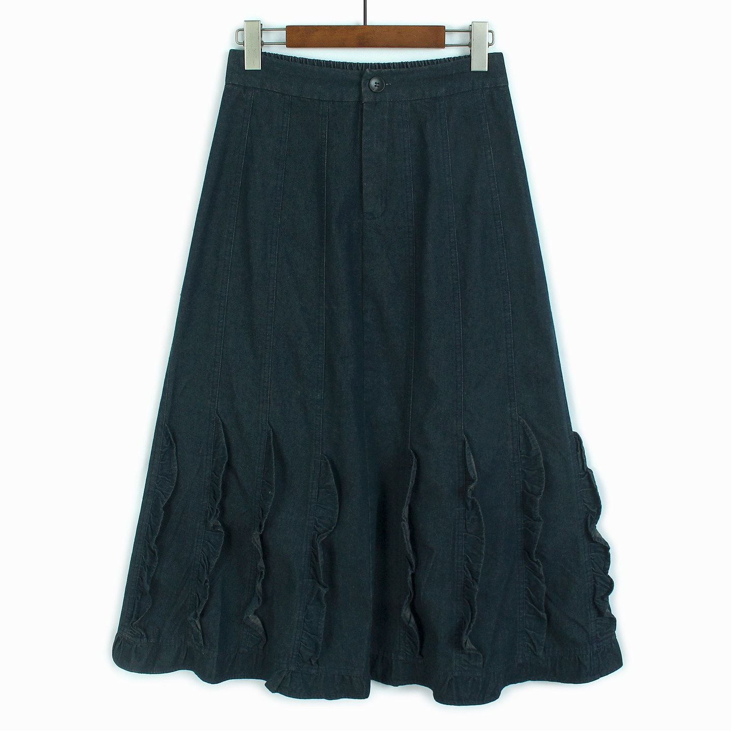 RUFFLED PANEL A-LINE DENIM MIDI SKIRT M-17258