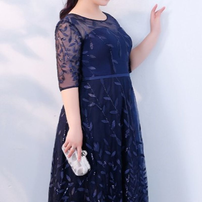 3XL〜7XL】リーフ柄七分袖シアードレス 2color D1608 | 演奏会