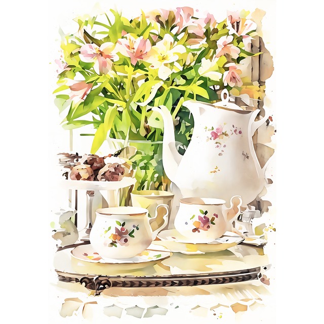 絵画 花(フラワー) 花瓶の花とティーカップ インテリアアート額付き 水彩画・油絵風 WAT0861