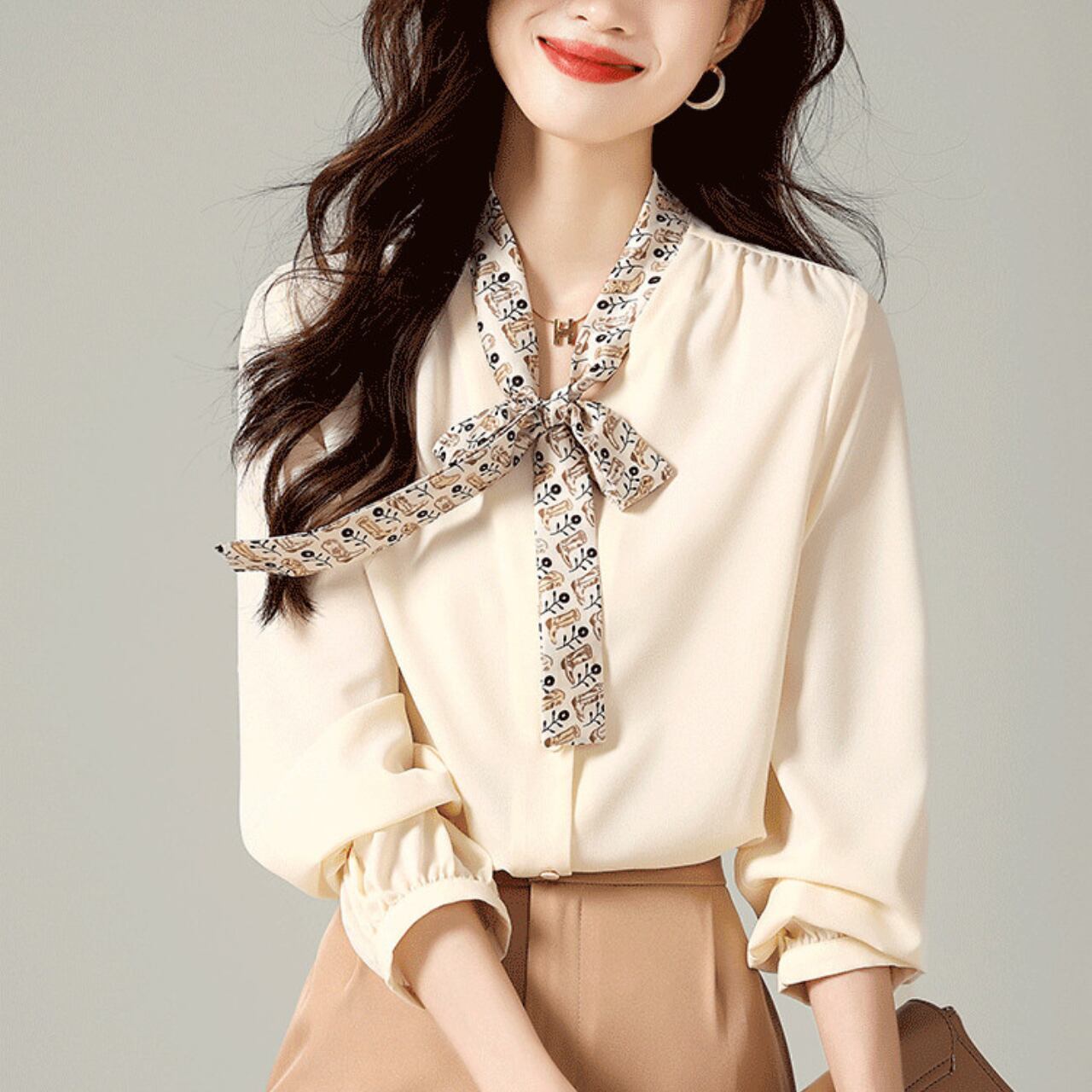 エレガント ボウタイ シフォン ブラウス