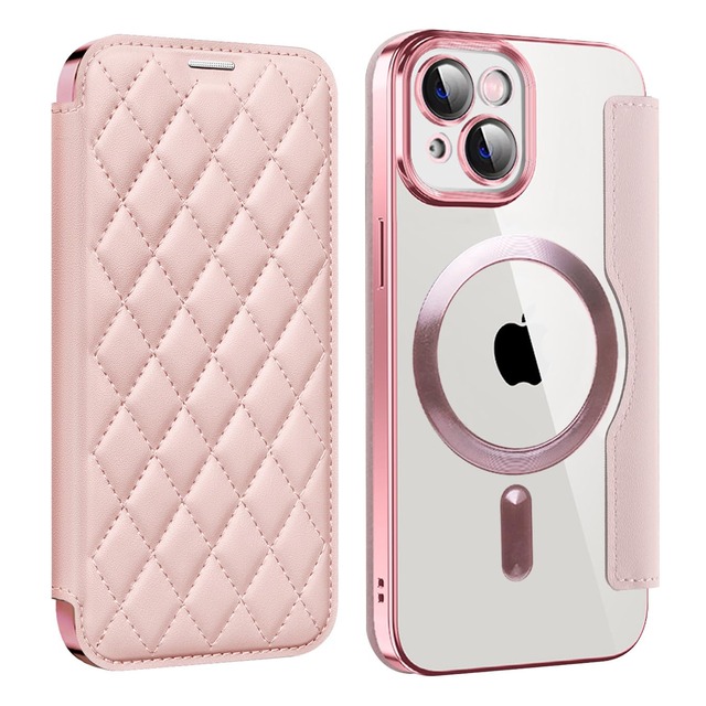 MuZiF iPhone 14 Plus 用 ケース 手帳型 Magsafe対応 クリア 背面 透明 キルティング 高級なPUレザー スマホケース カード収納 おしゃれ 韓国 人気財布型 カバー 軽量 アイフォン14 Plus用 手帳カバー ケース (iPhone 14 Plus,iPhone 14 Plus,ローズゴールド)