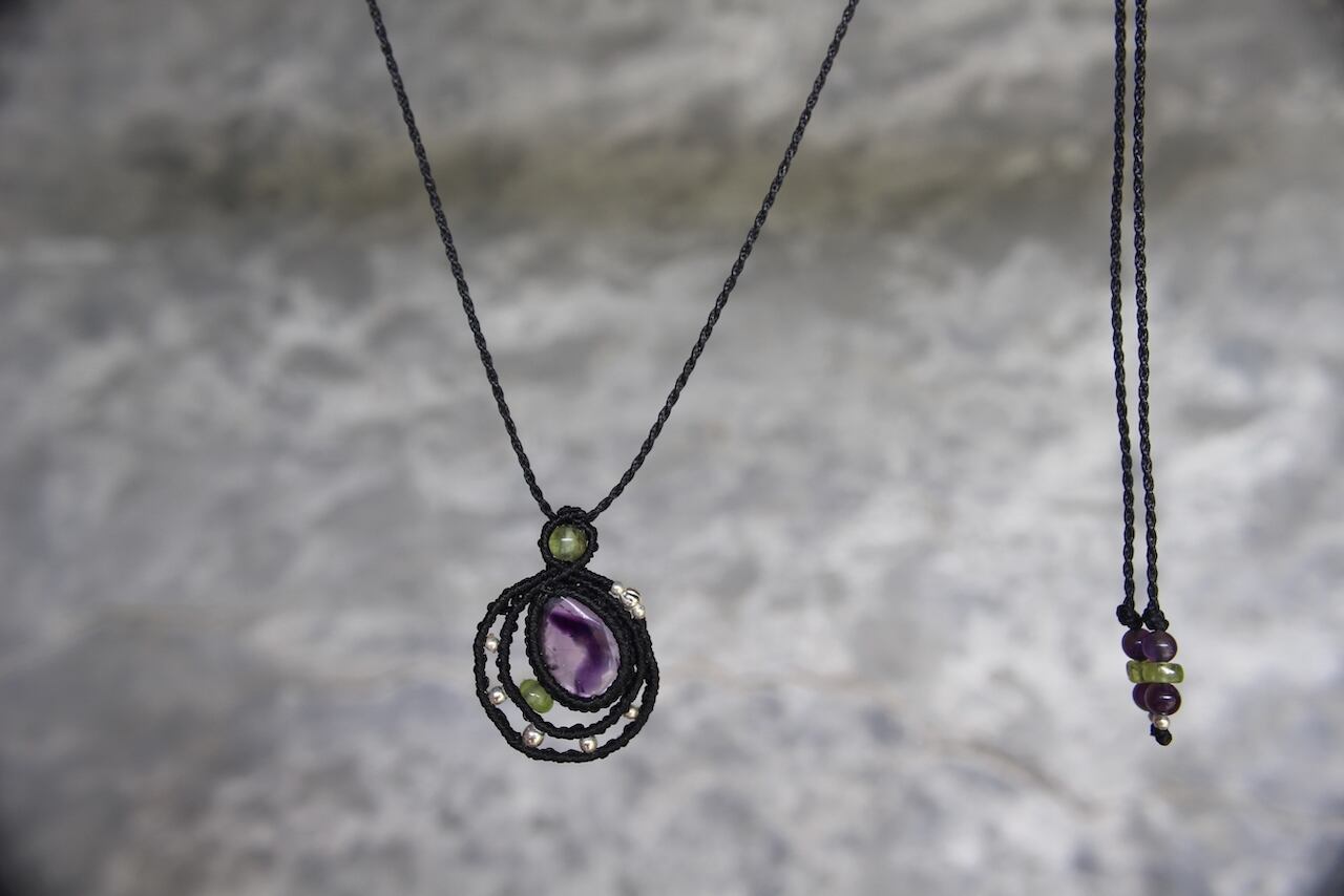 Trapiche amethyst micromacrame moon pendant
