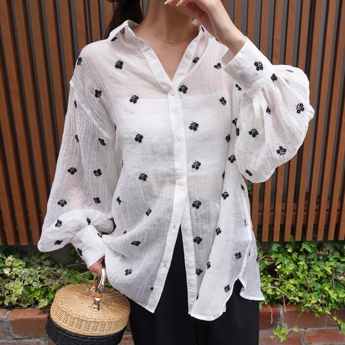 (OA21)【一部6月下旬】フラワー刺繍シアーオーバーシャツ