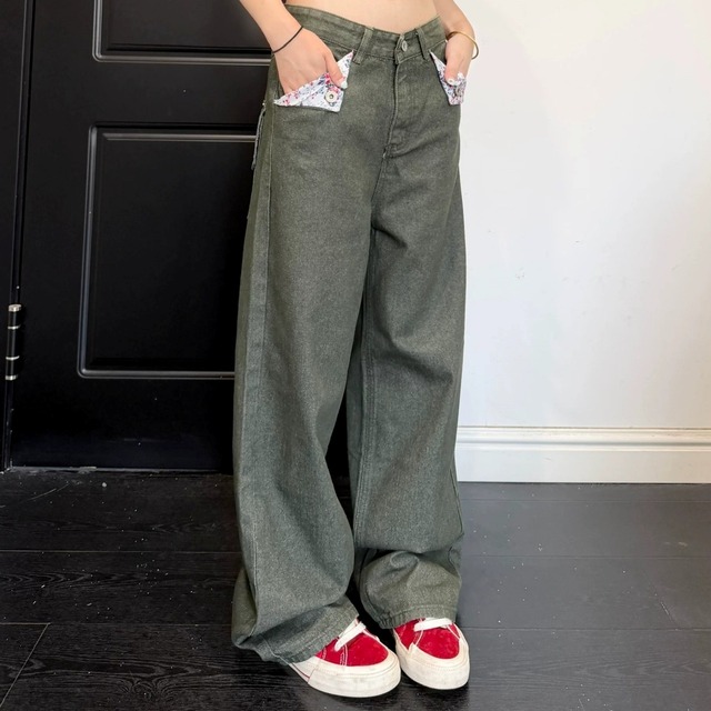フラワーポケットシンチバックワイドラインデニムパンツ 3col R02590
