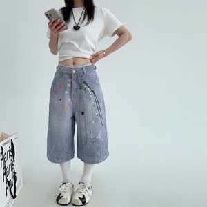 feichaiyoulaile個性的グラフィック七分丈デニムパンツ