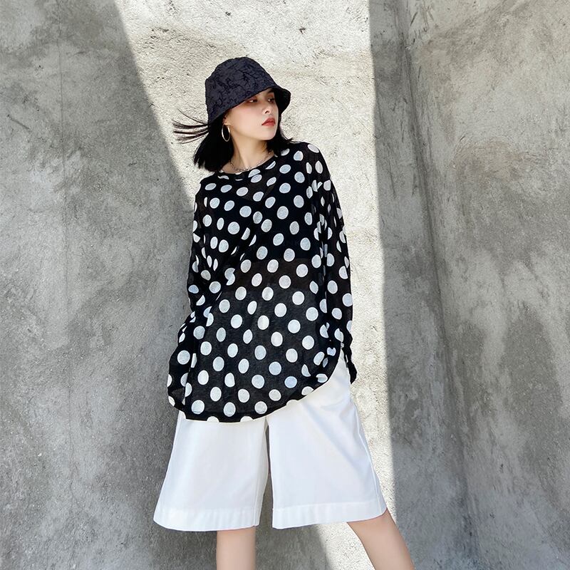 Tシャツ レディースルーズ薄手水玉トップス サマープルオーバー ブラウス ロング 大きめサイズ 夏物 ラブタオタオダレンハウス13858987467