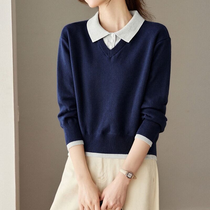 ポロカラーレイヤード風ニットトップス Me1712