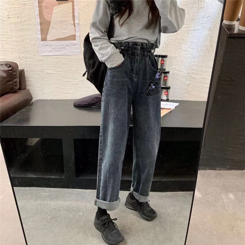 ハイウェストジーンズ ルーズスタイルスタンダードパンツ レトロ アジャスタブル 萌量不足11489993648