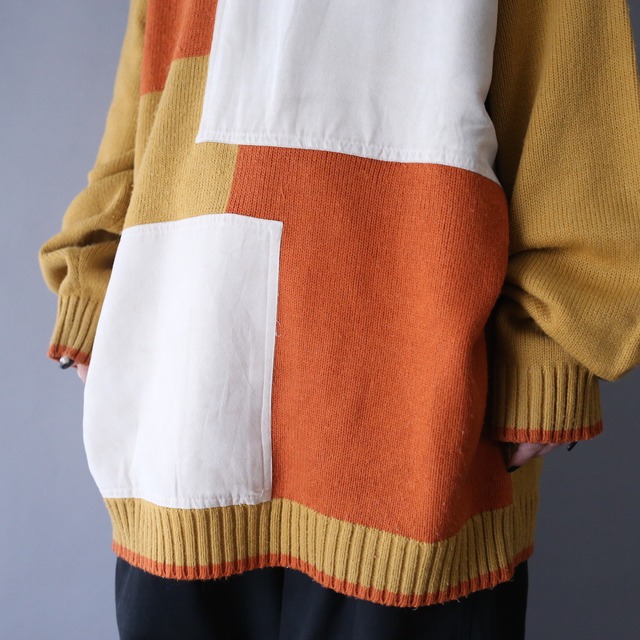 panel and fake suede switching design over silhouette high-neck sweater