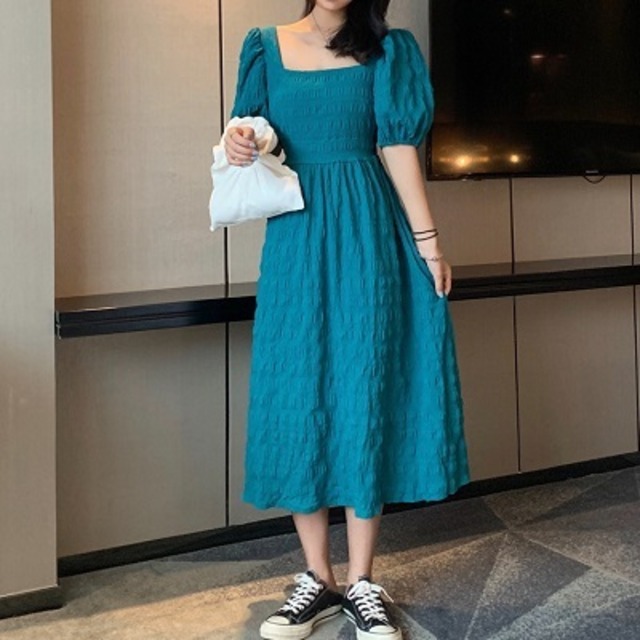 ワンピース ドレス グリーン エメラルドグリーン 緑 バックシャン バックコンシャス リボン 編み上げ ロング丈 ブルー 青 リゾート プチプラレディースファッション通販 Yboueki