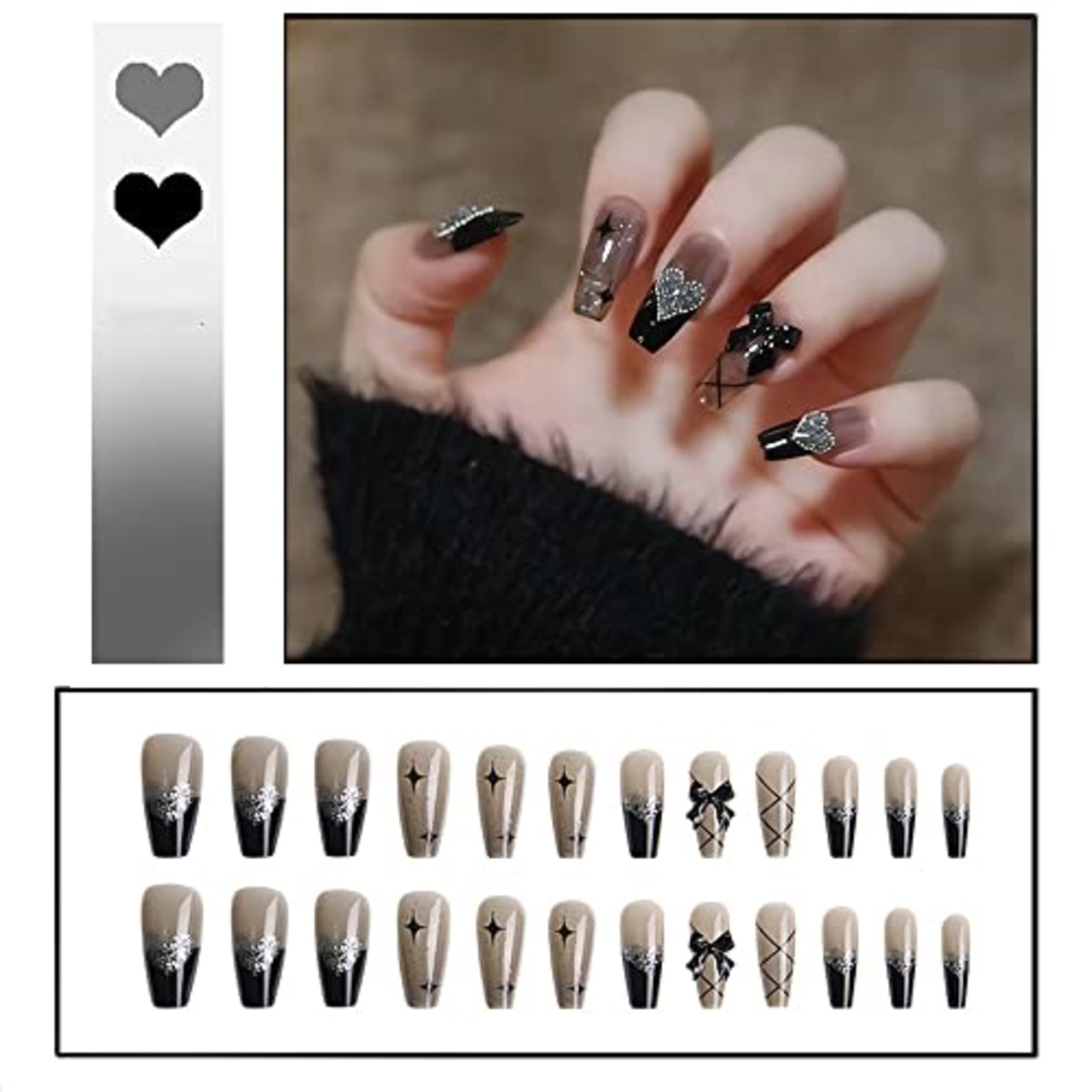 YINKE ネイルチップ ロング 24枚入 黒 成人式 独特な??台形のスタイル 黒い暗夜の星空 女性おしゃれな 上級 ネイルラップ