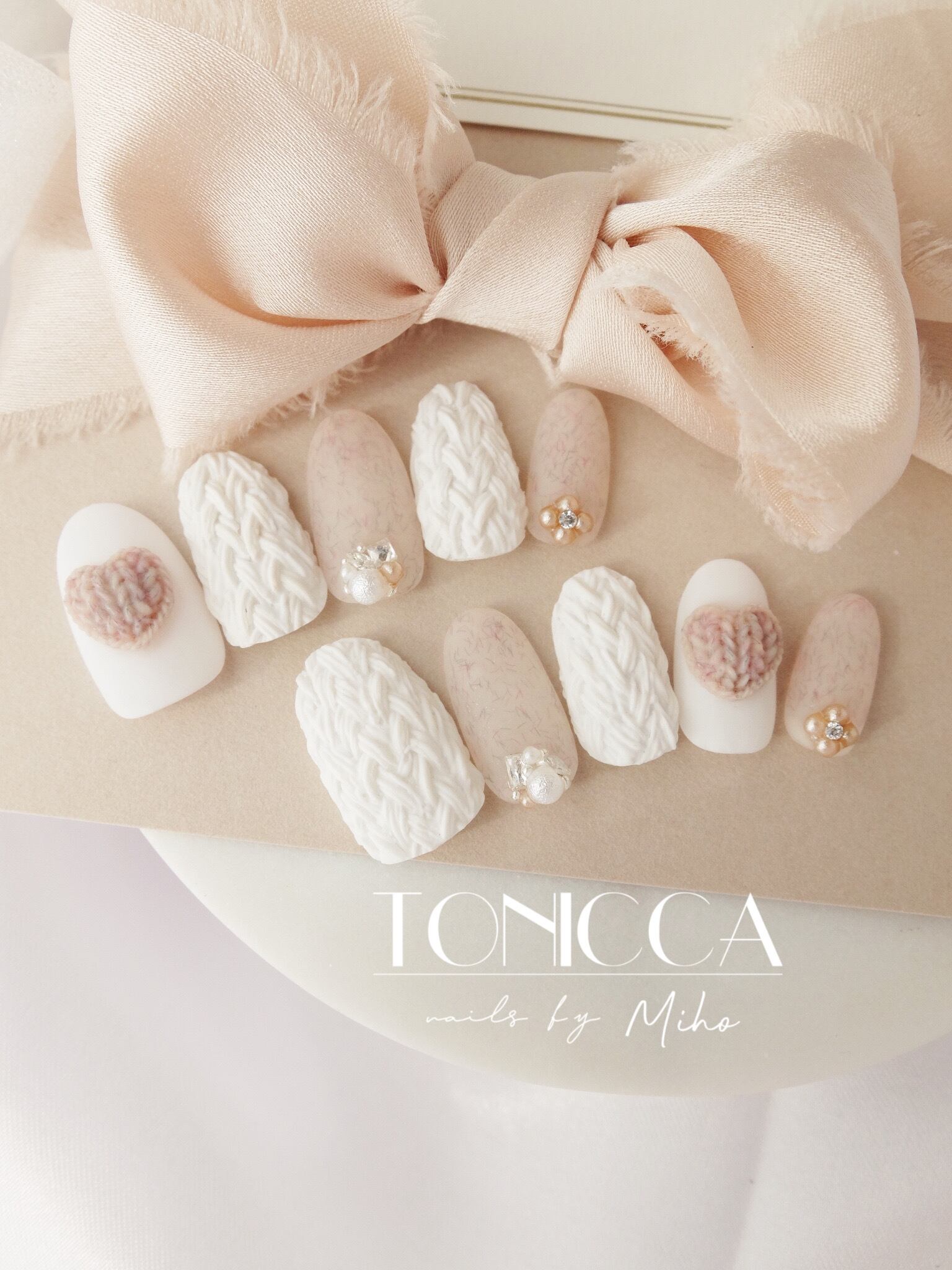 No.34 pink & black ribbon press on nails /ピンク、3D.ビジュー
