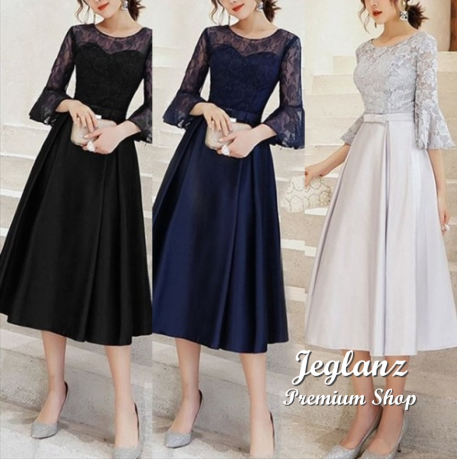 パーティ ドレス ワンピース 異素材 コンビ 肌透け ベルスリーブ 7分袖 (O0422)★ ζ