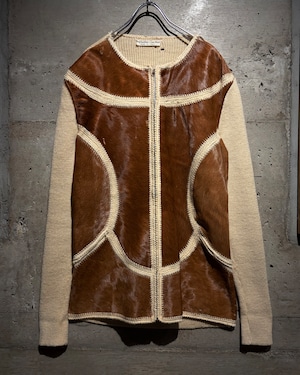 【Caka】60's〜70's Unborn Calf Switching Euro Vintage Zip Up Knit Jacket