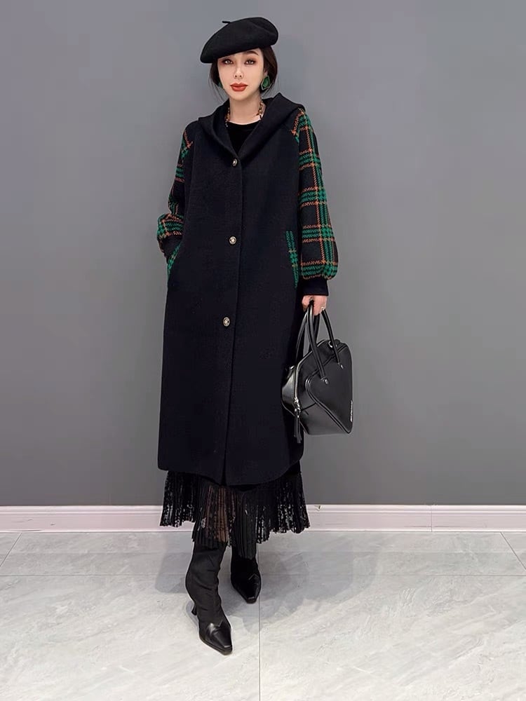 コート 緑 チェック 黒 フード カーディガン ゆったり ワンピース