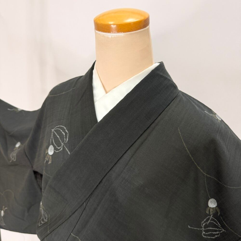 小紋 夏 紗 夏用 洗える着物 裄67.8cm 身丈163.5cm 花柄 お洒落着 普段着 ポリエステル 黒 美品 L サイズ 5922
