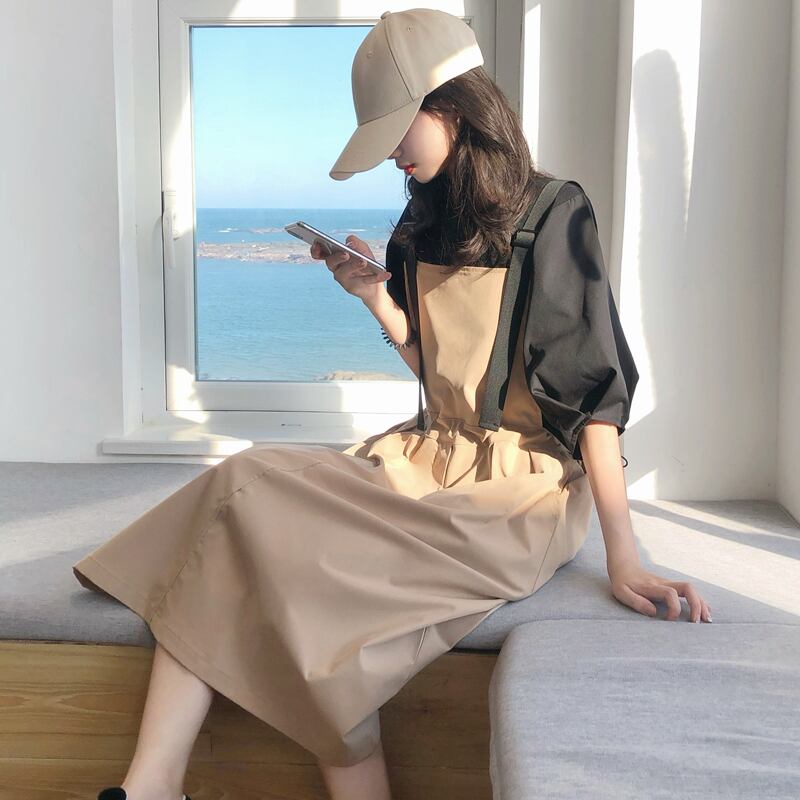 カーキスカート サマースタイルドレス ウェストスリムロング 夏物 試着室34760482750