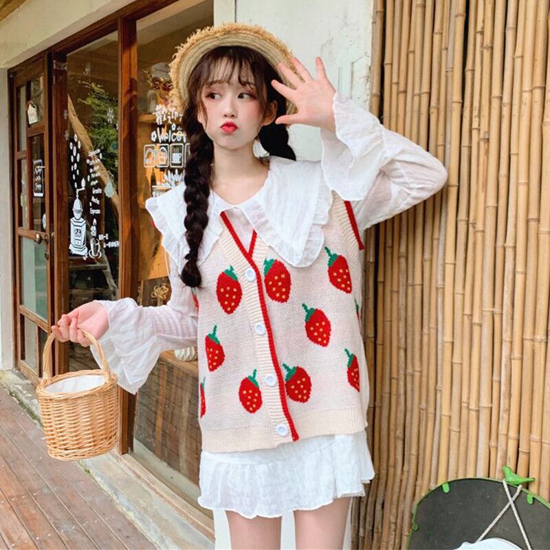 2020年ニューエイジを減らすかわいいセーターの女性秋冬アウターウェアカーディガンベストニットセーター+ドールカラーシャツトップ 萌量不足84670605382