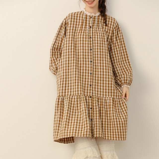 レース襟ギンガムチェック柄ルーズワンピース W0834