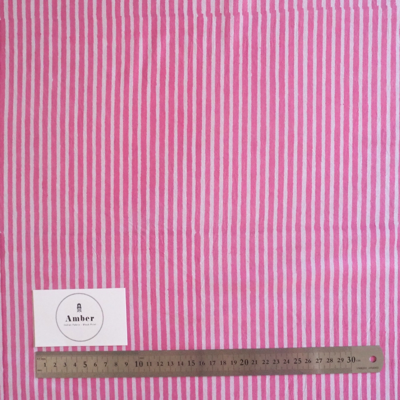 ブロックプリント生地【50cm単位】インド綿 ストライプ柄 ホワイト×ピンク #51910-PK1