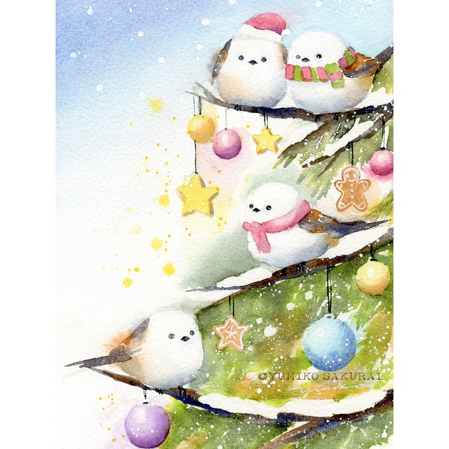 原画　『 まぁるい幸せ 』　水彩画　シマエナガの絵