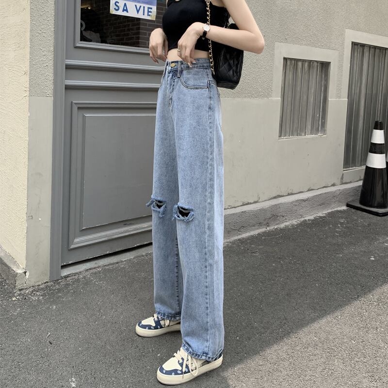 【新作】【送料無料】 破れたジーンズ女性夏薄い大きいサイズファットミリメートルハイウエストスリムストレートレッグルーズ乞食ワイドレッグパンツイン 037380424329