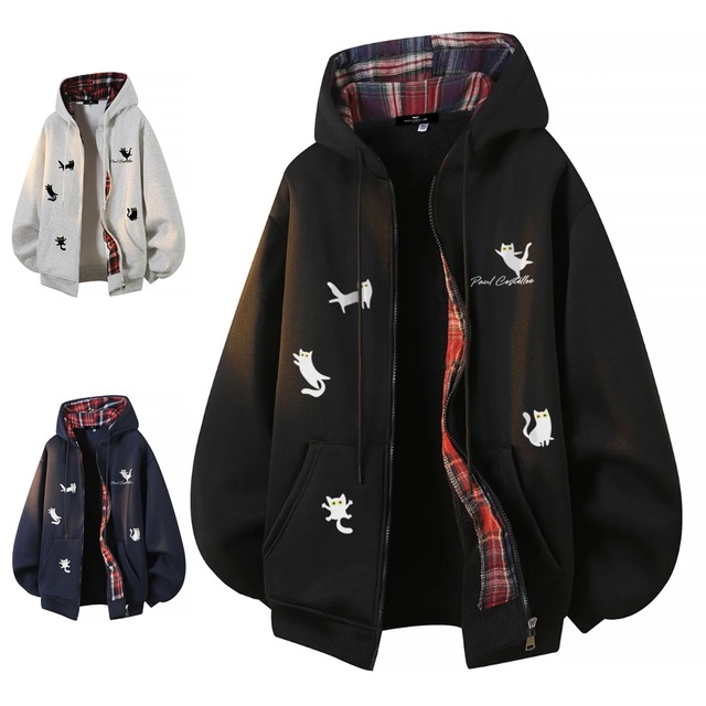 ♥猫プリント×チェック！【ImcTLシリーズ】★アウター★ パーカー ジャンプパーカー ユニセックス 3color 猫柄 ねこ ネコ