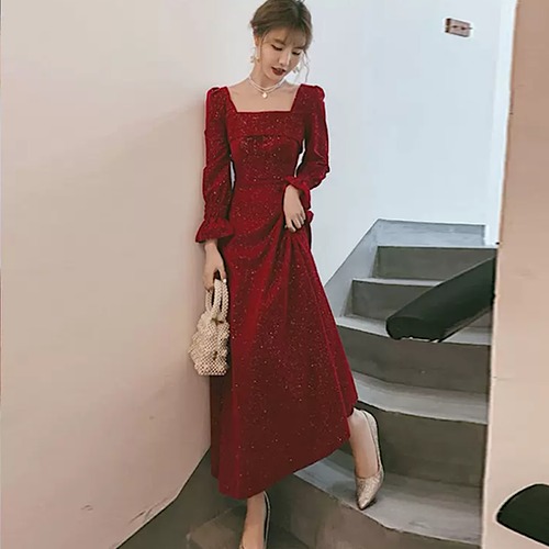 結婚式ドレス スクエアネック 大人シック レトロ 長袖 クラシック ハイウエスト 発表会 演奏会 レディース 結婚式 ステージ衣装 エレガント ウエディングドレス カラードレス イブニングドレス