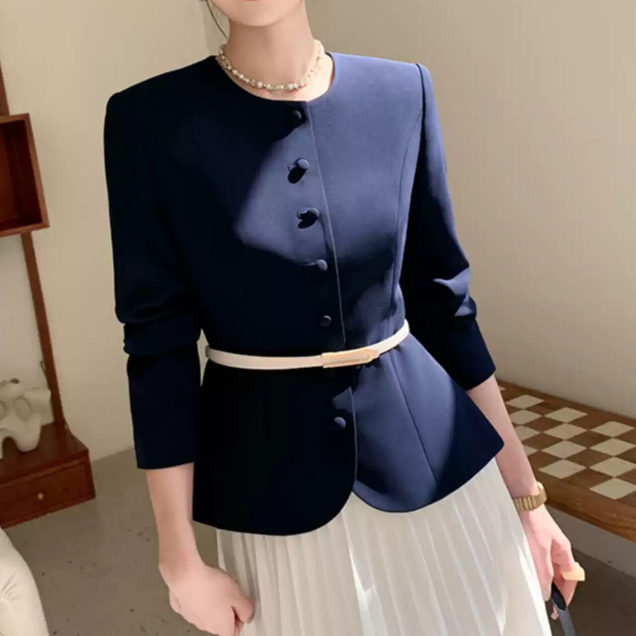 フレア ノーカラー ジャケット-ネイビー