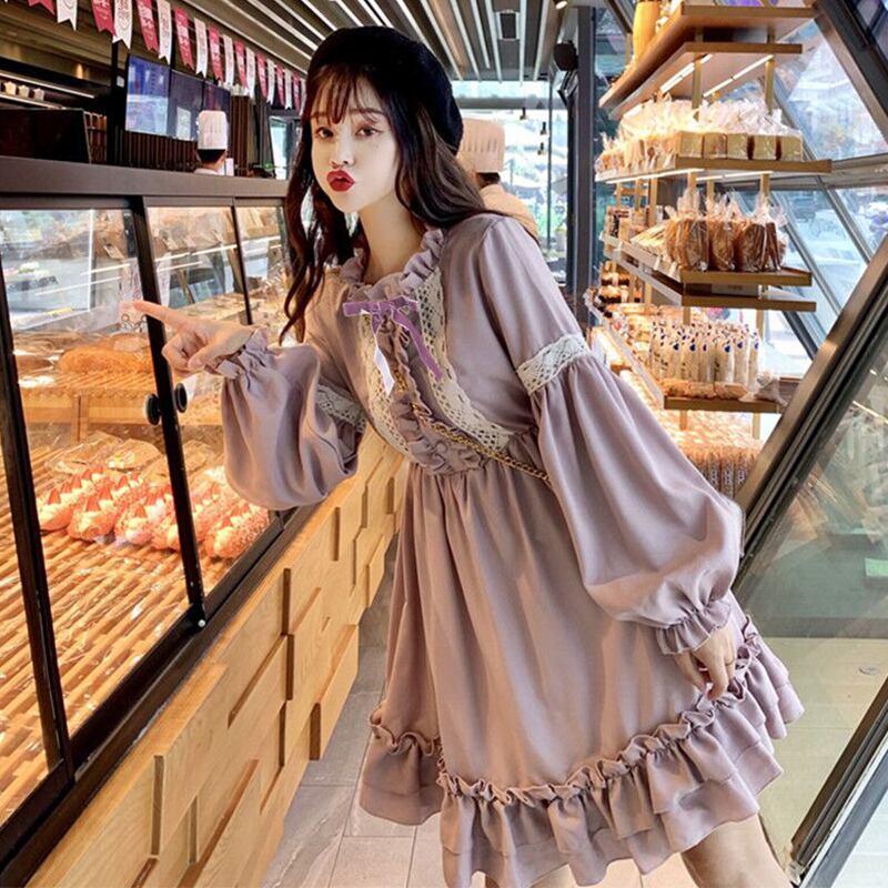 ネットセレブイーズレースカラーランタンスリーブウエスタンスタイルスモールスカート2020年春秋新作レディースワンピースかわいい 萌量不足54009564861