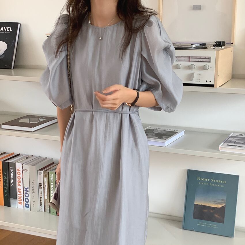 ワンピース レディース ロングワンピース ロング丈 5分袖 パフスリーブ ラウンドネック スリム Iライン ハイウエスト かわいい 大人可愛い きれいめ シンプル 上品 エレガント 清楚 おしゃれ おとな キュート ガーリー レトロ 華やか 無地 デート お出かけ 女子会 パーティー イベント 美術館巡り アート鑑賞 コンサート フリーサイズ ベージュ アプリコット ブルー 春 夏 秋 結婚式 二次会 披露宴 演奏会 20代 30代 40代 ママ 韓国系 着回し 楽ちん ファッション モテ 送料無料