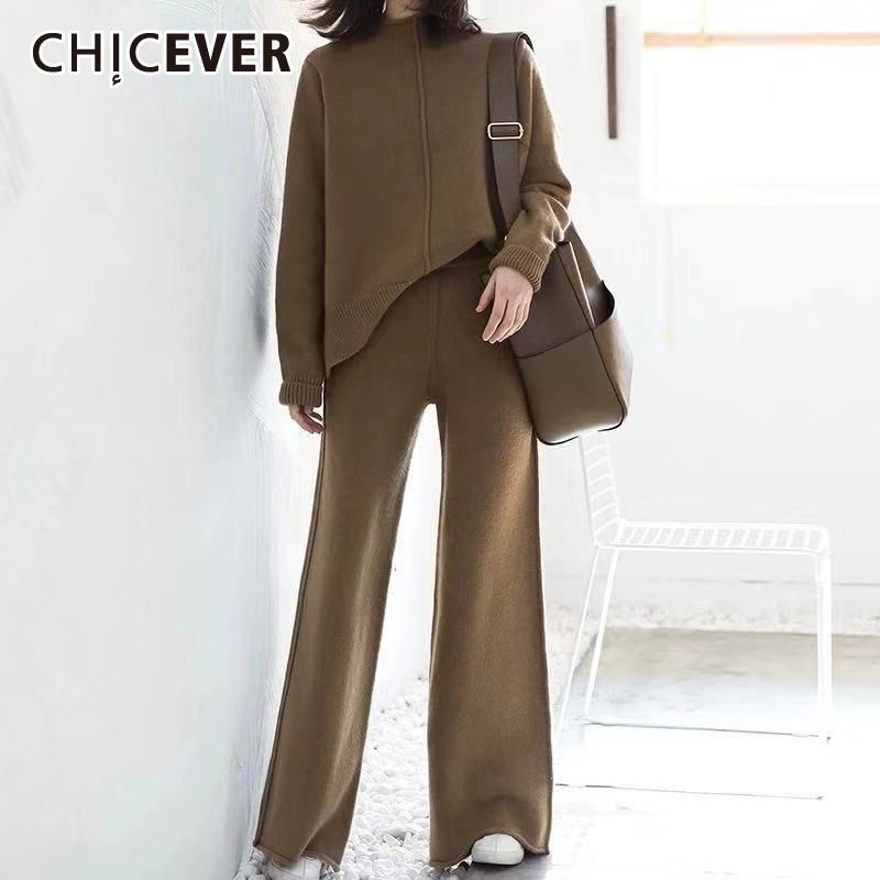 CHICEVERツーピースセットレディーススタンドカラー長袖ニットセーターウエストストレートパンツルーズセット2020 ロング 6base538294597295