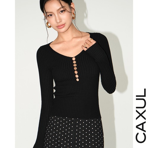 Vネックフロント透かし編みデザインニット/2color