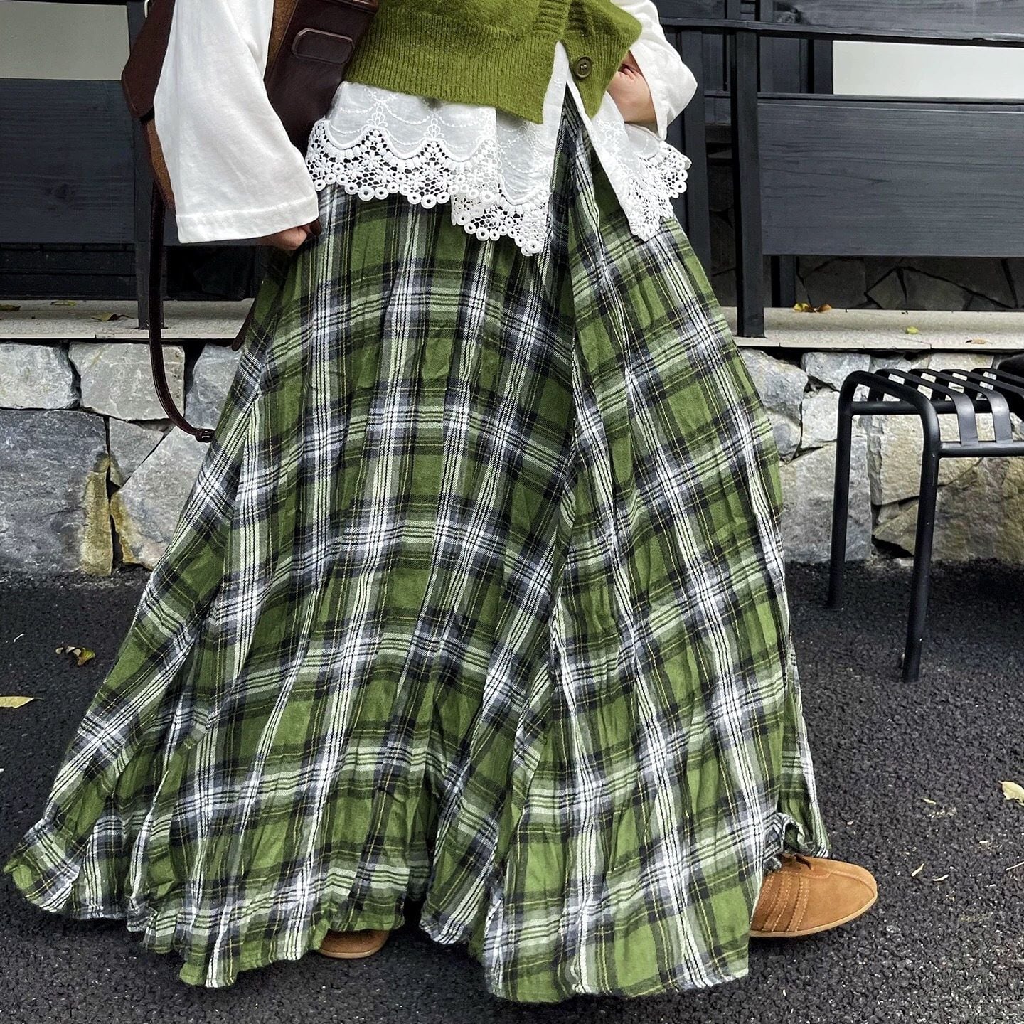 GREEN CHECKERED A-LINE WRINKLED MAXI DESIGN SKIRT 1color M-16127