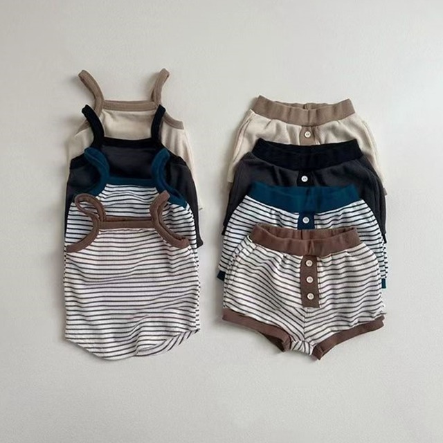 【BABY&KID】夏作ワッフル素材ボーダーキャミソール&ショートパンツ