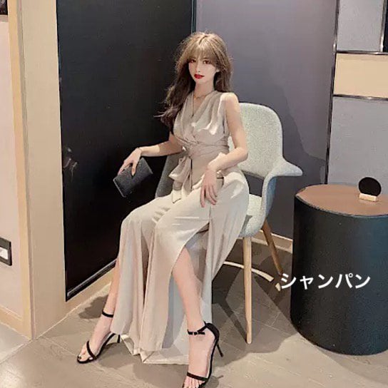 リュクス Vネック ノースリーブ パンツドレス 2色 パーティー パーティードレス ジャンプスーツ パンツドレス Vネック