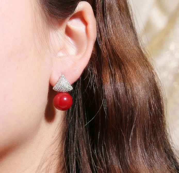 18K RGP プラチナ ダイヤ CZ 珊瑚色ボール ピアス yp5045 | Rainbow Rabbit