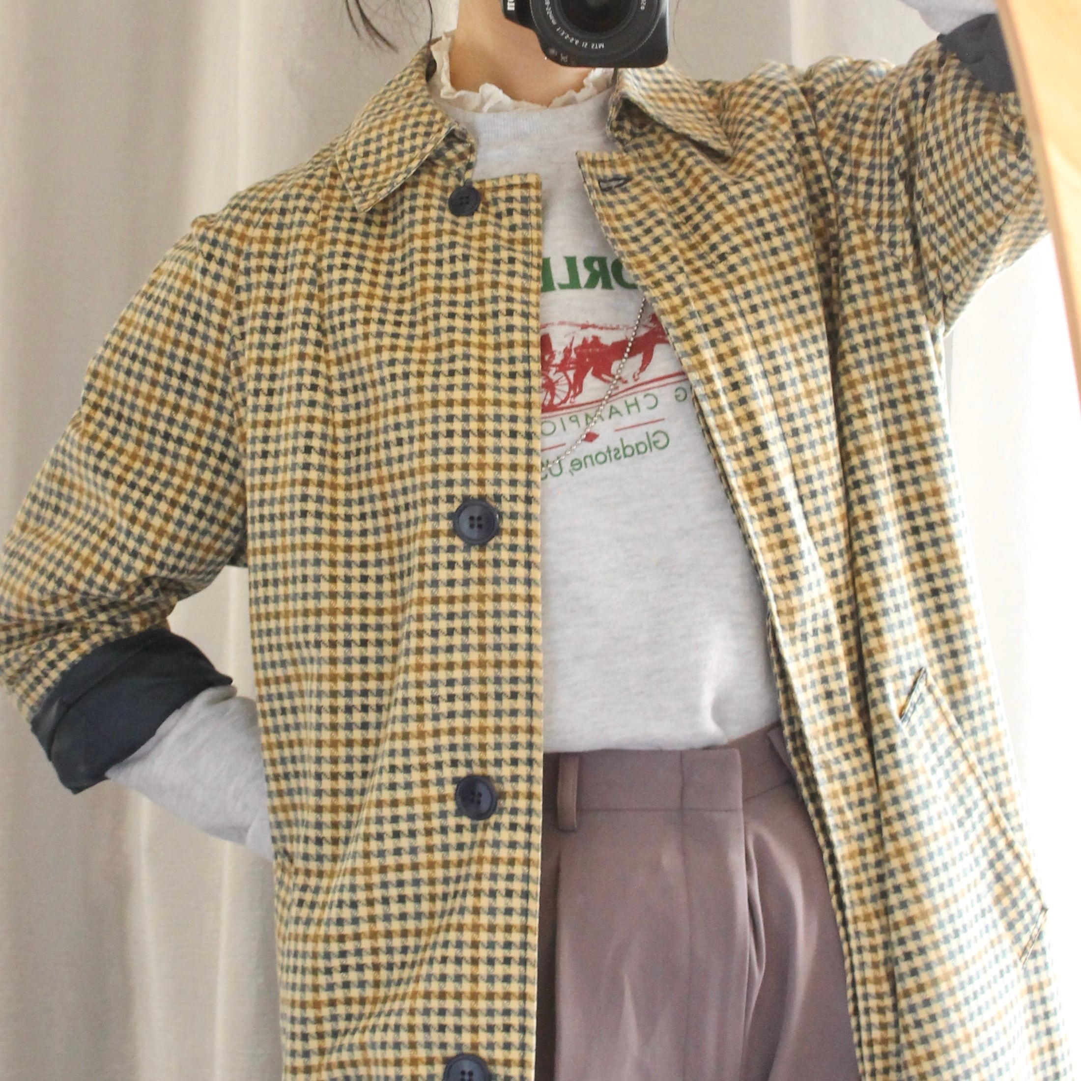 チェック柄ステンカラーコート