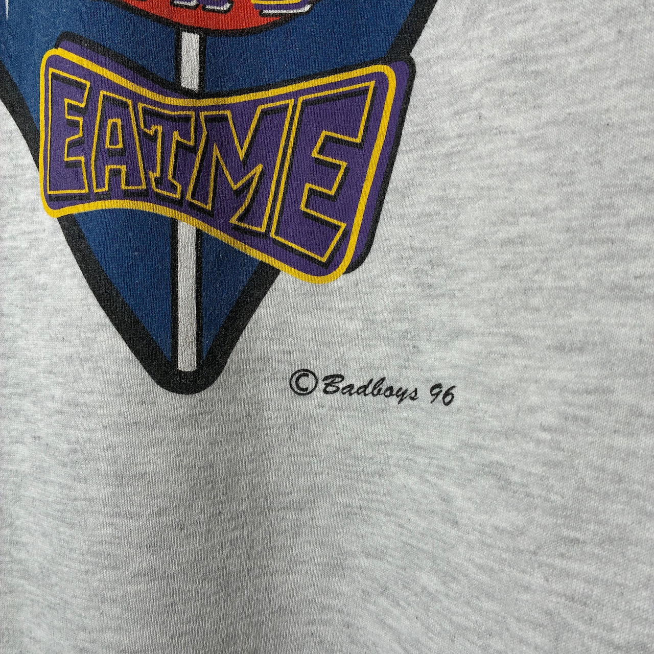90s USA製 BAD BOY / バッドボーイ スウェット 霜降りグレー / キャラ刺繍 × バックプリント
