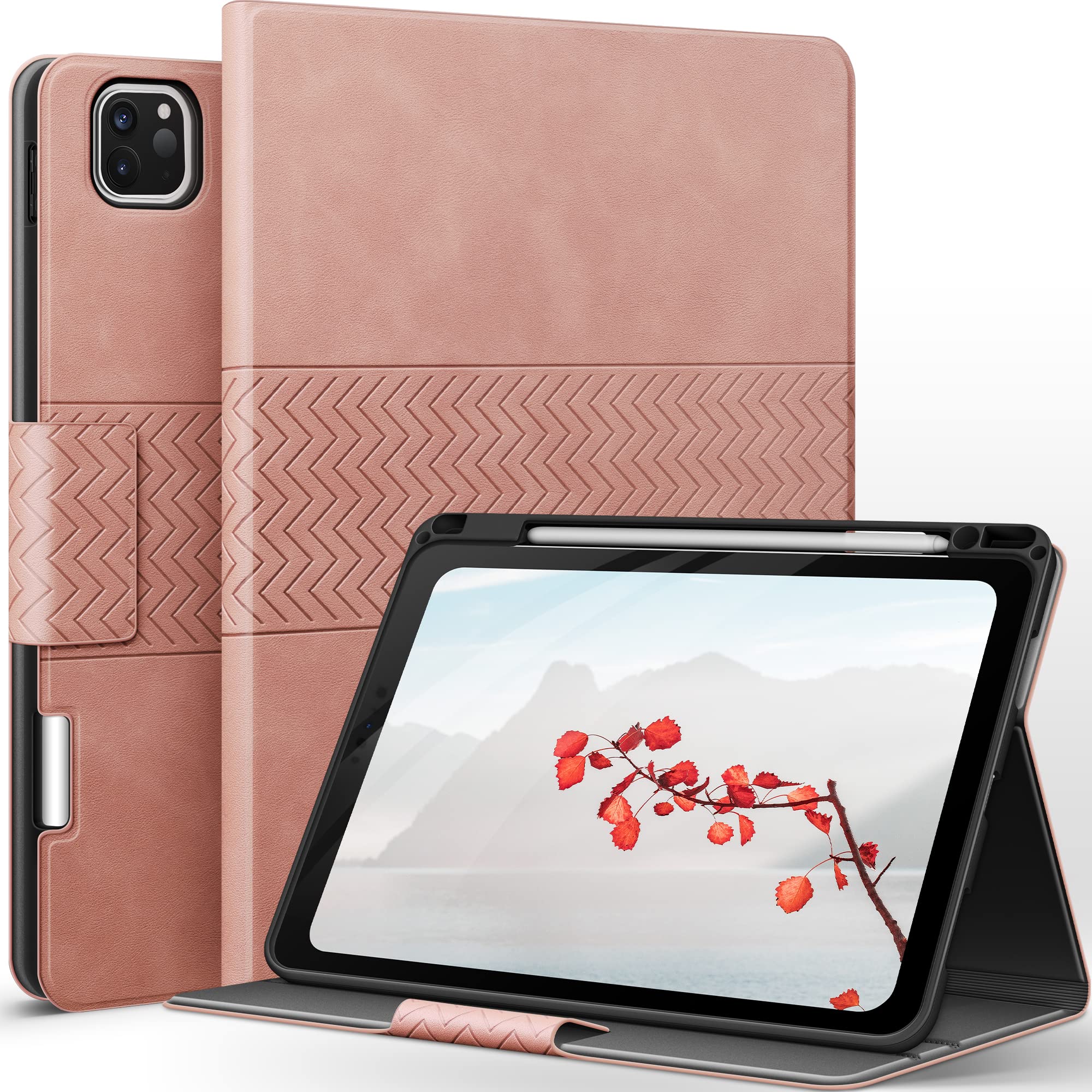 auaua iPad Pro 11インチ 第4/3/2/1世代(2022/2021/2020/2018)専用ペン収納 オートスリープ/ウェイク PUレザー (ピンク)