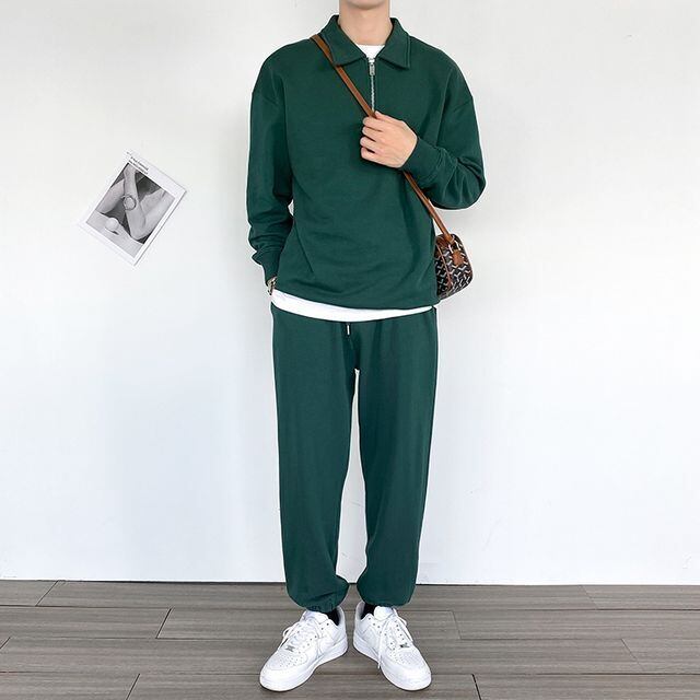 【予約販売】メンズ セットアップ ジップアップ スエット 上下セット カジュアル 男前 ブラック グレー グリーン 韓国 ストレート 韓国 トレンド M/L/XL/2XL