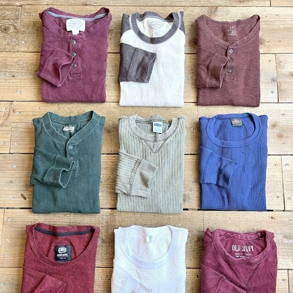 1点物◇Basic Editions深緑ヘンリーネック長袖サーマルTシャツ古着