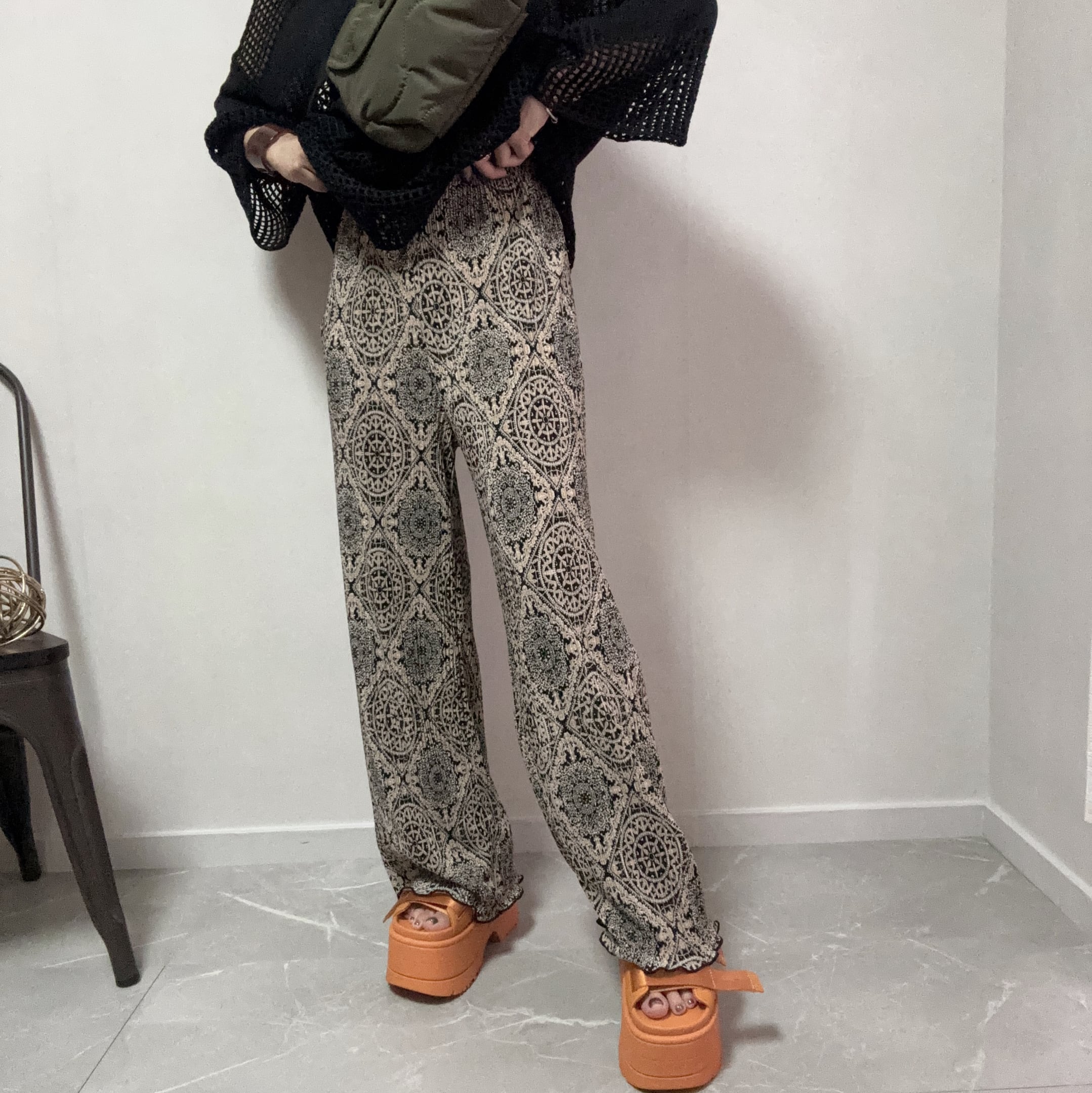 oriental pattern pleats pants【Black】