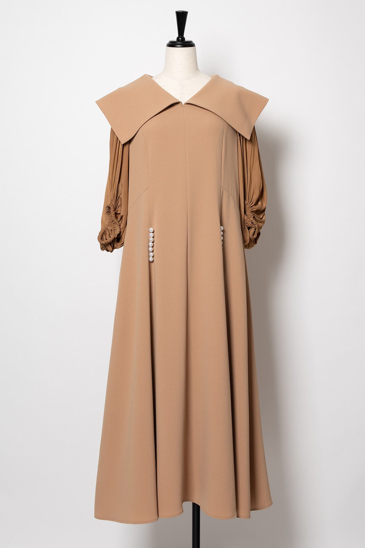 Pearl Open Collar Dress LIGHT BEIGE