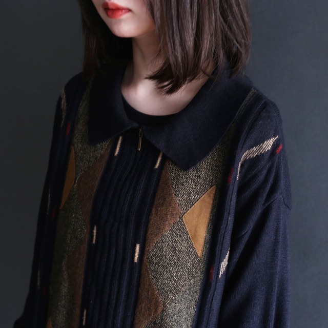patchwork and 3D knit design half-zip sweater