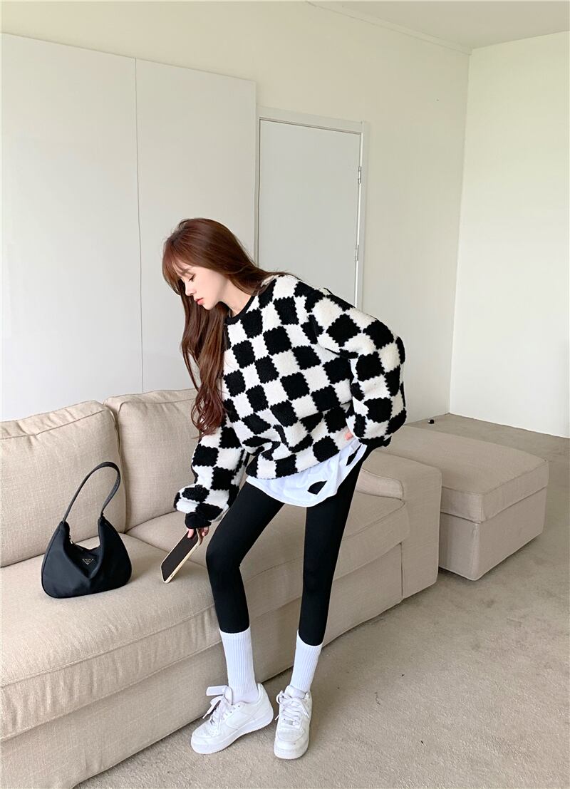 格子柄ウールセーター ルーズブラウス オータムウィンター 秋物 冬物 ブラックストロベリース10561664614